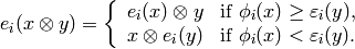 e_i (x \otimes y) = \left\{ \begin{array}{ll} e_i (x) \otimes y & \text{if $\phi_i (x) \ge \varepsilon_i (y)$},\\ x \otimes e_i (y) & \text{if $\phi_i (x) < \varepsilon_i (y)$} . \end{array} \right.